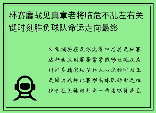 杯赛鏖战见真章老将临危不乱左右关键时刻胜负球队命运走向最终